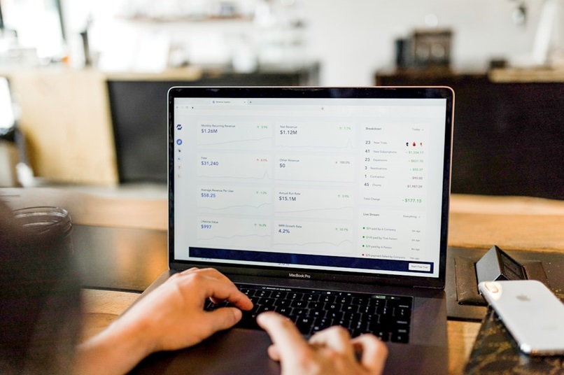 Person analyzing financial data on laptop screen in cafe.